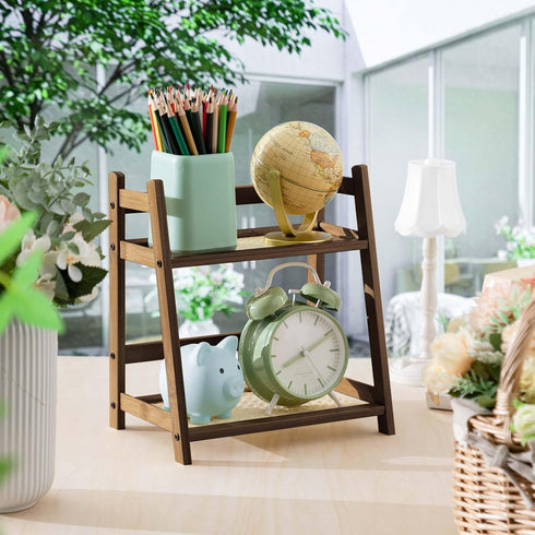 1 2 Countertop Display(Brown,10.2 Inch) Yalikop Pcs Tier Matcha Station Shelf Bamboo Coffee Mug Stand Storage Rack
