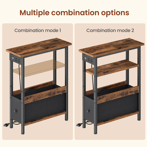 1 Creso hom Narrow Side Table with Charging Station and LED Light, End Table with Fabric Drawer, Skinny Nightstand