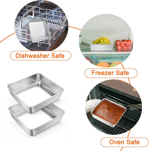 TeamFar Set of 2, 6 Inch Square Cake Pan, Stainless Steel Baking Pan for Lasagna Cake Brownie, Heavy Duty & Dishwasher