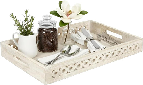 Mela Artisans Trellis Whitewash Mango Wood Serving Tray with Handles Handcrafted Wooden