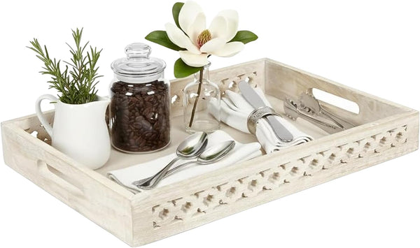 Mela Artisans Trellis Whitewash Mango Wood Serving Tray with Handles Handcrafted Wooden