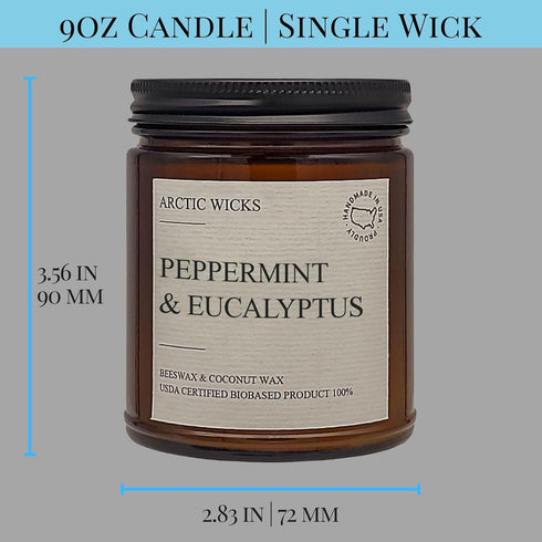 Peppermint & Eucalyptus Candles | Arctic Wicks Non Toxic Coconut Beeswax Candles | Natural Coconut Beeswax 9oz Amber Jar | Spa Wellness Candles Wax Non-Toxic Clean Burn 100% USDA Certified Biobased