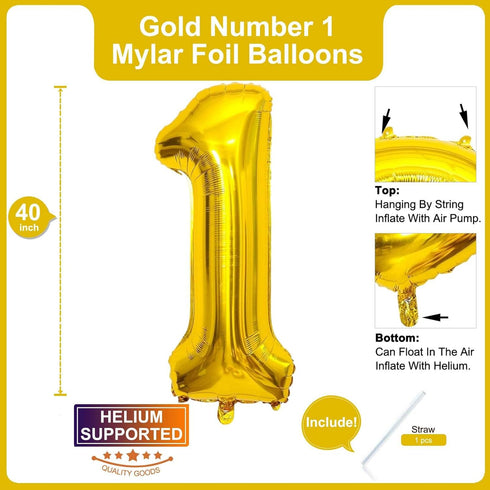 Lovoir 40 Inch Large Gold Number 1 Balloon, Jumbo Mylar Foil Helium Balloon for Birthday Party Decorations