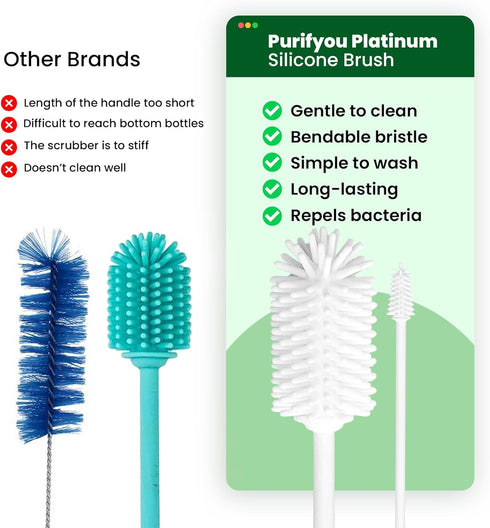 purifyou Platinum Silicone Water Bottle Cleaner Brush, Extra Long Handle 16 inch for Narrow Containers, White