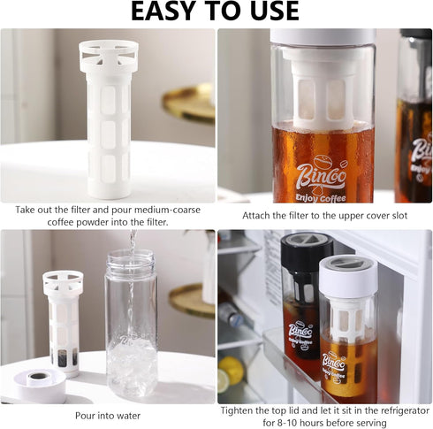 Bincoo Multi-Functional 650ML Cold Brew Coffee Maker with 300-Mesh Filter, Leak-Proof Plastic Cup for Coffee & Tea