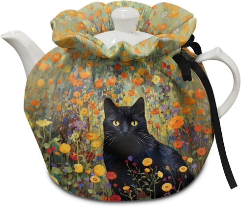 Black Cat Floral Print Tea Pot Cosy, Cotton Tea Cozy for Teapots, Dust Cover Insulated Kettle Cover for Kitchen