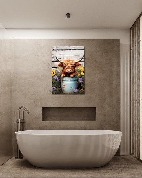 Cute Highland Cow Baby in Bucket Canvas Wall Art, Funny Animal Bathroom Decor, Farmhouse Cow Picture with Colorful