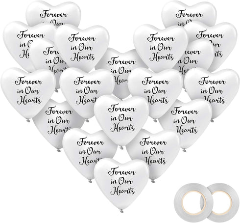 60 Pieces Memorial Balloons, Funeral Hearts Shape Latex Balloons with 2 Rolls White Ribbons