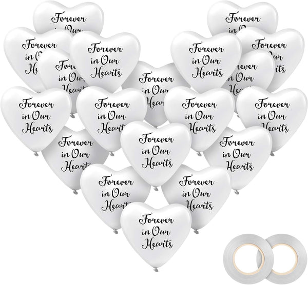60 Pieces Memorial Balloons, Funeral Hearts Shape Latex Balloons with 2 Rolls White Ribbons