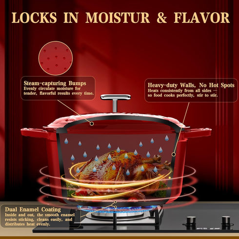 5 Enameled Cast Iron Dutch Oven - Quart, Exclusive Designed Crab Lid, Oversized Knob, for Bread Baking Braiser Cooking