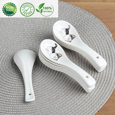 Set of 10 Asian Soup Spoons, Cat Pattern, 5.4 inch Ceramic Chinese Spoons for Ramen, Appetizers, Desserts
