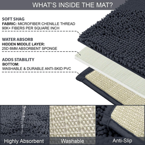 Luxurious 2-Piece Bathroom Rug Set in Charcoal - Chenille Bath Mat + U-Shaped Toilet Mat, Plush Anti-Slip Design