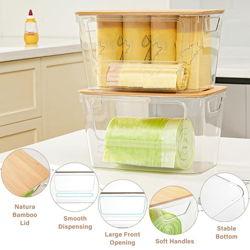 Homaigie 2 Pack Trash Bag Dispenser, Extra Large Acrylic Trash Bag Holder with Bamboo Lid, Stackable Garbage Bag Holder