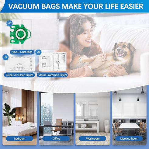 Type U 3D Airclean Vacuum Bags, 12 Packs Compatible for Miele S7000-S7999 Upright and Dynamic U1 Series