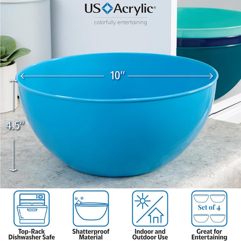 US Acrylic Vista 10-inch Bowls Set of 4, Durable Plastic Salad and Serving Bowls in Coastal Colors, 135 oz Capacity