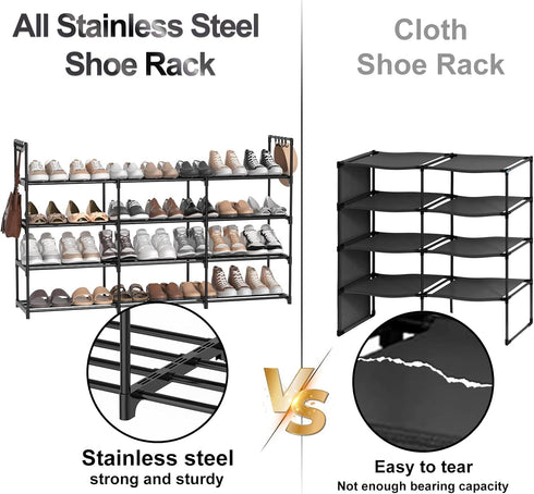 DYJIEKAI 3 4 24-30 Closet,Wide Row Tier Long Shoe Rack, Black Metal Stackable Shoe Shelf with Multifunctional Hooks