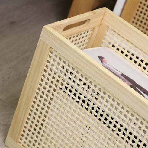 Wood Magazine Holder with Jute Rope Handles, Handcrafted Bamboo Toilet Roll Holder, Wicker Magazine Storage Organizer