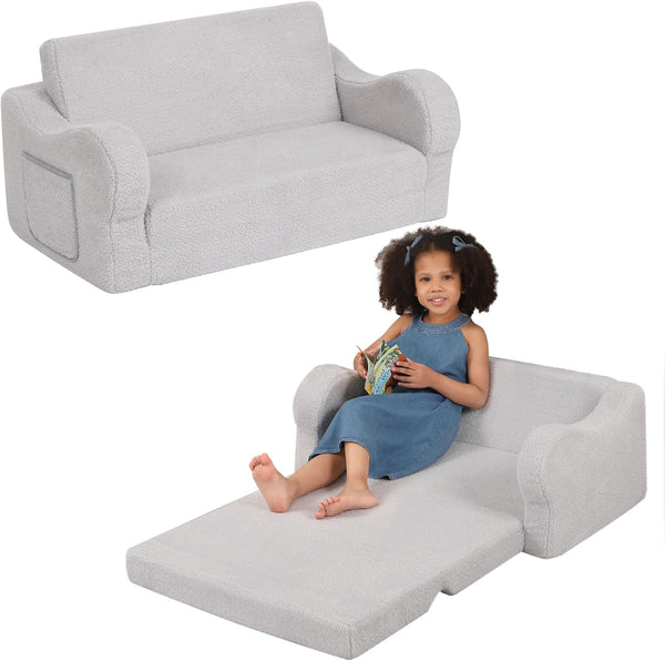 Extra Wide Toddler Chair, 2-in-1 Toddler Couch Fold Out, Convertible Sherpa Sofa