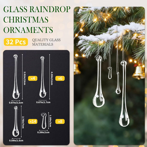 32 OuMuaMua Pcs Glass Raindrop Christmas Ornaments Crystal Teardrop Hanging Ornaments Clear Chandelier Drop Pendant