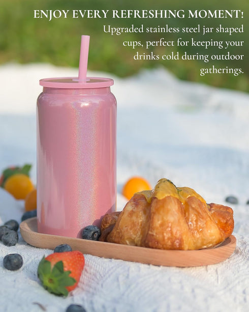 6Pack 16oz Glass Cups with Lids and Straws, Stainless Steels Cups, Beer Cup, Iced Coffee Cups, Smoothie Cup