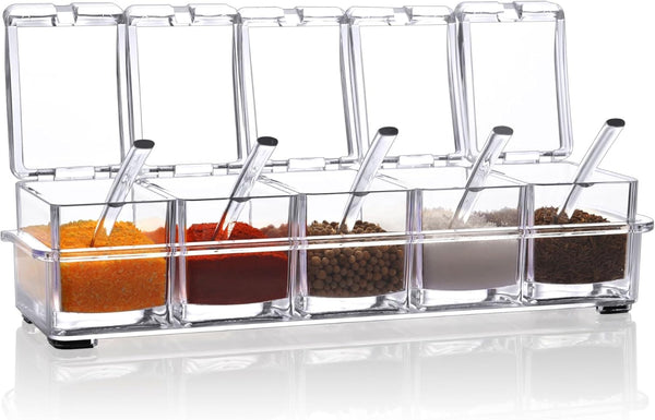 V·RESOURCING Clear Seasoning Box, 5 Pieces Clear Storage Container for Spice, Salt, Sugar, Condiment Jars with Spoons