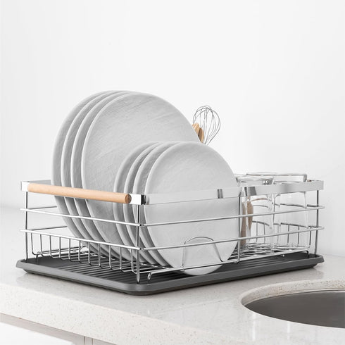 Navaris Compact Dish Rack with Drip Tray & Cutlery Holder, Easy to Assemble and Clean, Silver