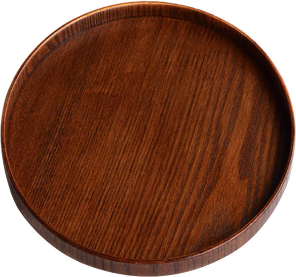 Solid Wood Serving Tray - Round Non-Slip Tea Coffee Snack Plate with Raised Edges for Home Kitchen Restaurant (9.5inch,
