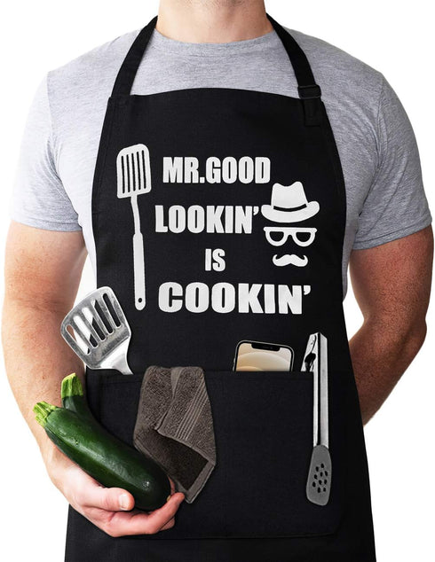 Funny Chef Aprons for Men - Mr. Good Lookin' is Cookin’ Apron for BBQ Grill, Father's Day Gift