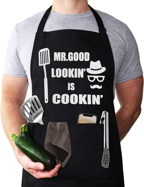 Funny Chef Aprons for Men - Mr. Good Lookin' is Cookin’ Apron for BBQ Grill, Father's Day Gift