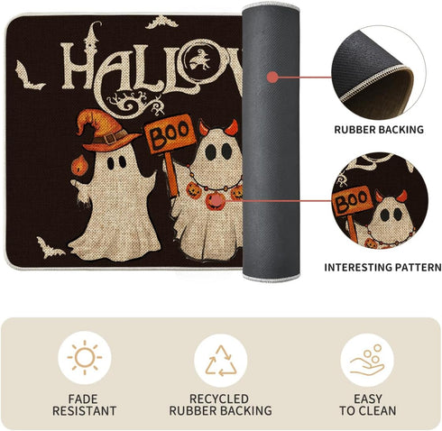 Artoid Mode Ghost Pumpkin Bat Black Halloween Kitchen Mats Set of 2, Low-Profile Kitchen Rugs for Floor - 17x29 and