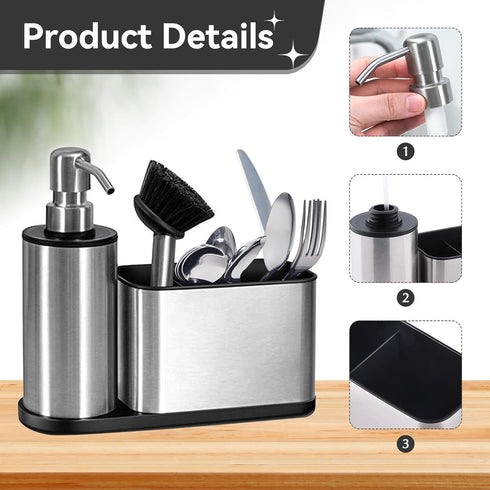 Kitchen Dish Soap Dispensers, Stainless Steel Sink Organizer with Storage and Brush for Countertop