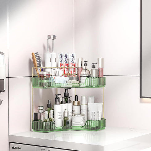 2 Countertop, Tier Corner Bathroom Organizer Vanity Makeup Organizer with Brush Holder, Space-Saving Skincare Storage