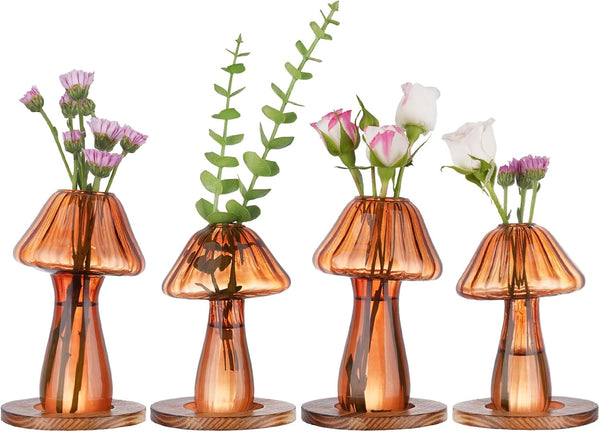 NiHome Mushroom Glass Planter with Wooden Base Set of 4, Cute Indoor