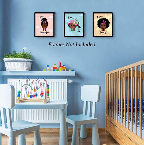 Black Girl Wall Art, Motivational African American Girl Art Painting, Inspirational Decor for Girls Bedroom, Set of 4