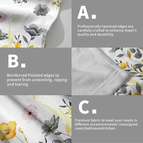 Imiss 14.4 28.3 Inch SpaSet 2 Grey Yellow Poppy Floral Hand Towel x Watercolor Botanical Leaf Fingertip Towel Bath