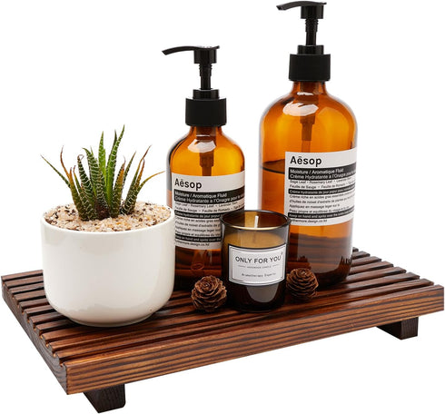 Renawe Farmhouse Wooden Bathroom Counter Tray, Decorative Pedestal Stand for Kitchen Countertop and Sink Accessories