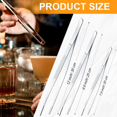 Yaomiao 4 Packs Bar Tweezers 8 Inch Long Garnish Tongs Tweezers Bar Tongs Stainless Steel Korean Bbq Tongs for Bar Bartender Cocktail Cooking Food
