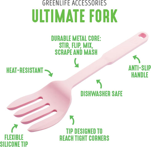 GreenLife Cooking Tools and Utensils, 10-in-1 Silicone Fork to Stir Mix Mash and Scrape, Heat and Stain Resistant, Dishwasher Safe, Soft Pink by GreenLife