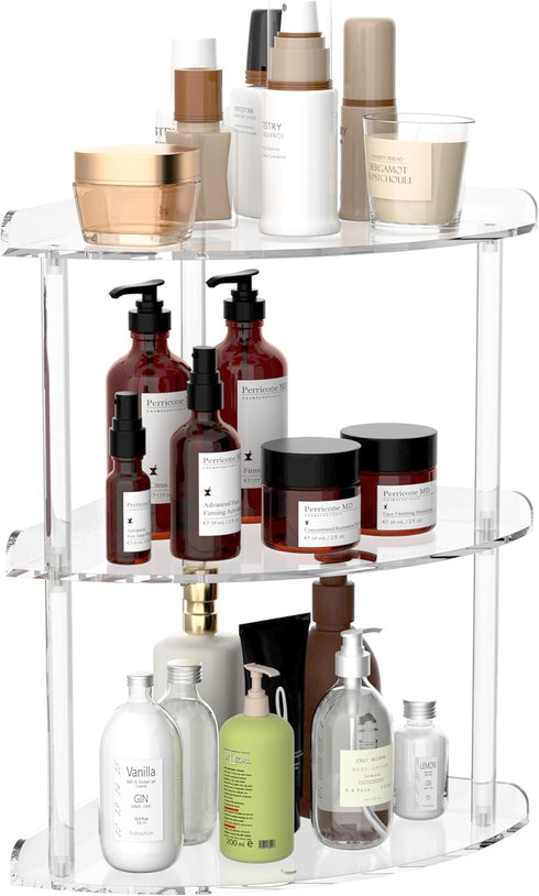 Sezanrpt 3 Tier Acrylic Corner Shelf Organizer Storage 9.5x9.5x15.7 Inch, Transparent Countertop