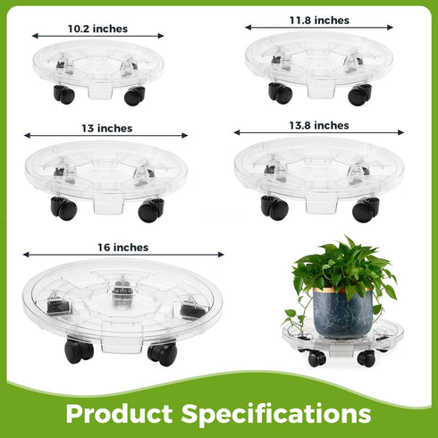 4 Packs 10.2 inches Small Clear Plant Caddy Plant Saucers on Wheels Rolling Plant Stands Heavy-duty Plant Dolly Plastic