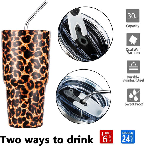 30oz Leopard Tumbler, Stainless Steel Insulated Travel Mug with Straw Lid and Cleaning Brush, 1 Count