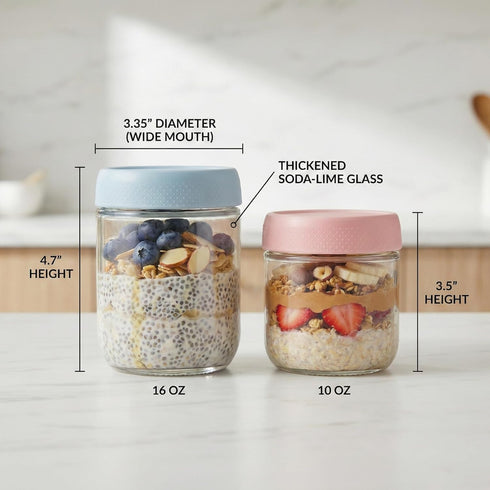 6-pack 16 oz JBHO Overnight Oats Containers with Lids, Glass jars with Airtight Lids, Wide mouth Mason Salad jars
