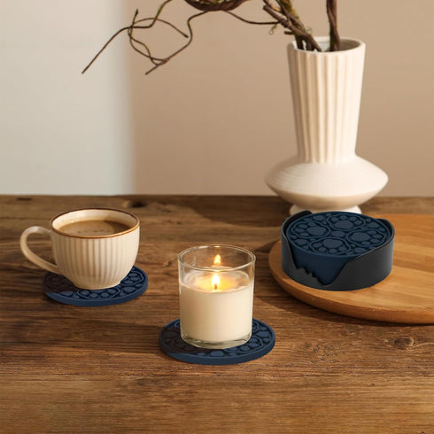 4 Inch Set 6 Blue Silicone Coasters with Holder, Non-Slip Round Coffee Cup Mats, Modern Drink Coaster of for Desk