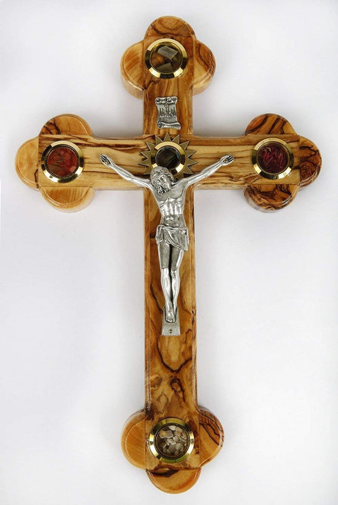 Jerusalem Olive Wood 11" Cross, 14 Stations Crucifix from Bethlehem with Holy Land Essences