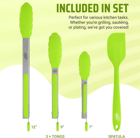 Kaluns Kitchen Tongs for Cooking, Non Stick Silicone Tip Stainless Steel Tongs, Set of Four 7,9, and 12 Inch Tong Plus Silicone Spatula Non-stick, Heat Resistant Serving Utensils by Kaluns