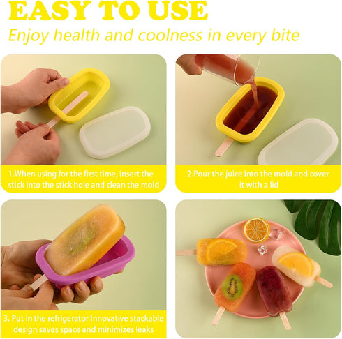 4 50 Sakolla Pcs Silicone Popsicle Molds with Lid & Pcs Wooden Popsicle Sticks, Stackable Classic Oval Ice Cream Molds