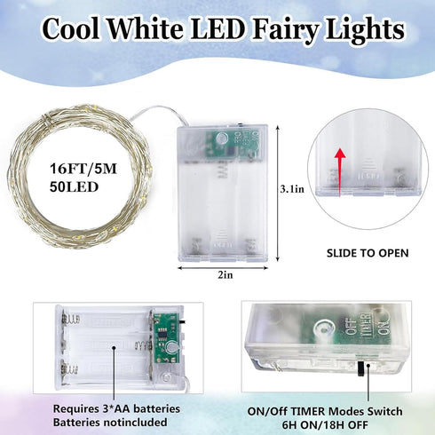 4-Pack 16FT 50 Fairy Lights Battery Operated with Timer, Waterproof LED String Lights Indoor Outdoor, Cuttable Starry