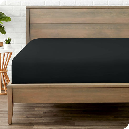 Bare Home Fitted Bottom Sheet, Queen Size, Premium 1800 Microfiber, Ultra-Soft, Deep Pocket, Black