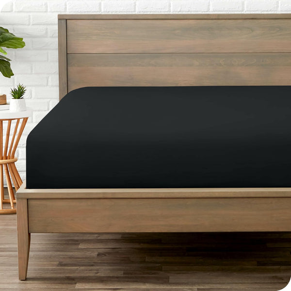 Bare Home Fitted Bottom Sheet, Queen Size, Premium 1800 Microfiber, Ultra-Soft, Deep Pocket, Black