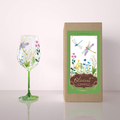 NymphFable Hand Painted 15 oz Wine Glass, Colorful Dragonfly Flower Artisan Gift for Birthdays, Weddings, Valentine's